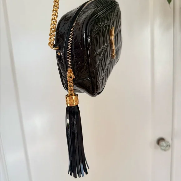 Yves Saint Laurent Black Croc Embossed Mini Lou Camera Bag - Picture 6 of 7